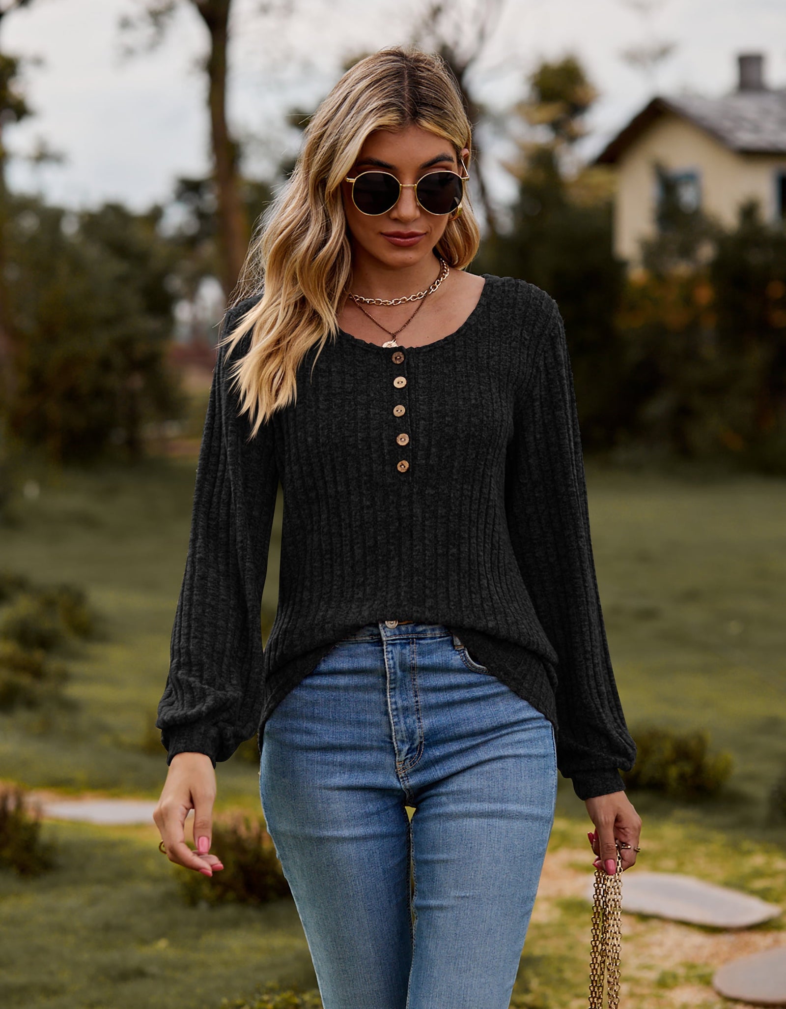 Round Neck Button-Down Long Sleeve Tee