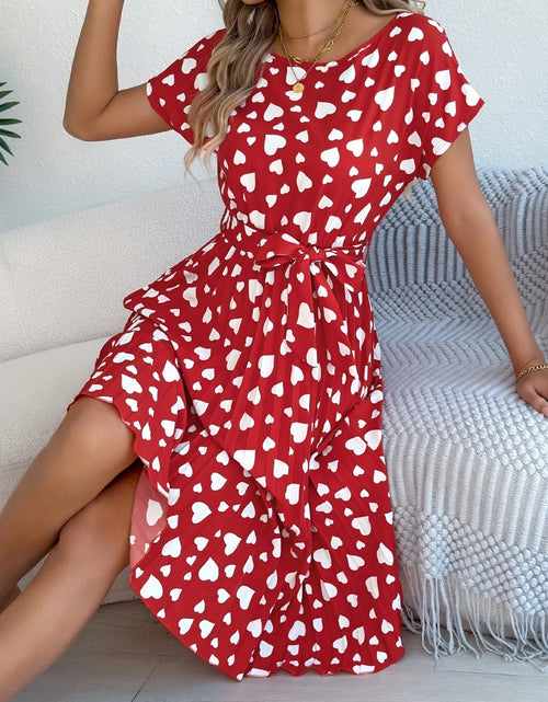 Load image into Gallery viewer, Heart Print Short Sleeve Tie Waist Dress

