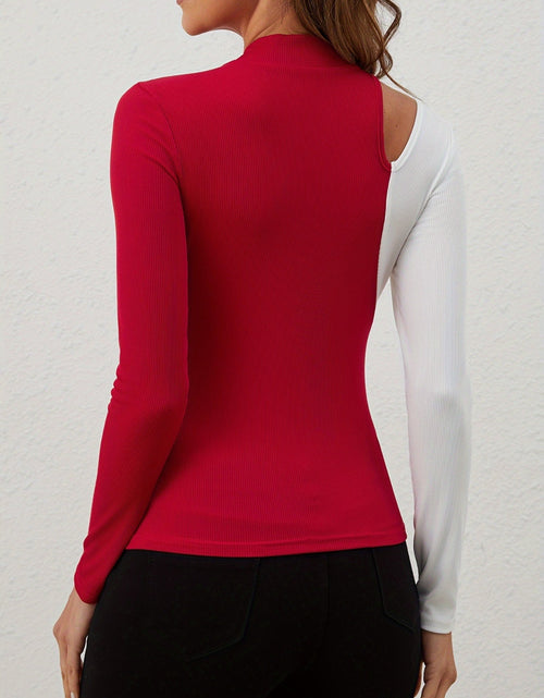 Load image into Gallery viewer, Cutout Contrast Mock Neck Long Sleeve T-Shirt
