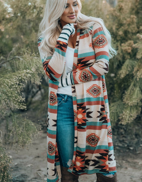Load image into Gallery viewer, Multicolor Geometric Color Block Open Front Long Cardigan
