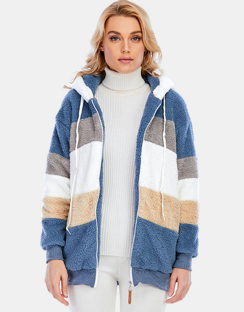 Load image into Gallery viewer, Full Size Drawstring Color Block Zip Up Hooded Outerwear
