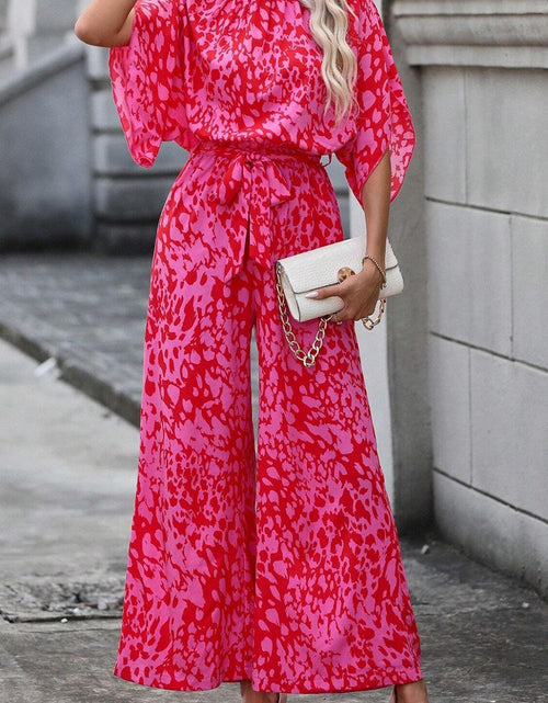 Load image into Gallery viewer, Leopard Belted Wide Leg Jumpsuit
