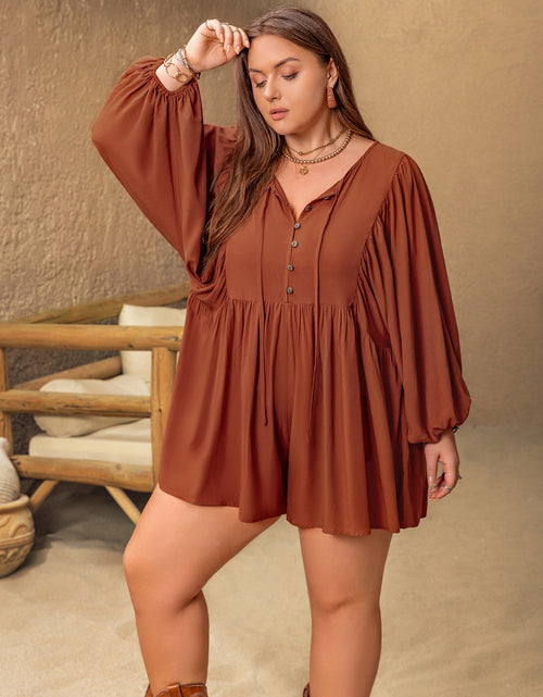 Load image into Gallery viewer, Plus Size Ruched Tie Neck Balloon Sleeve Romper
