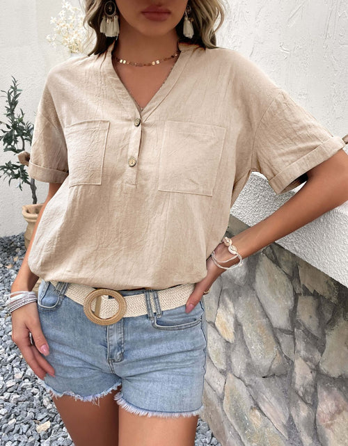 Load image into Gallery viewer, Perfee Buttoned Notched Neck Cuffed Sleeve Blouse

