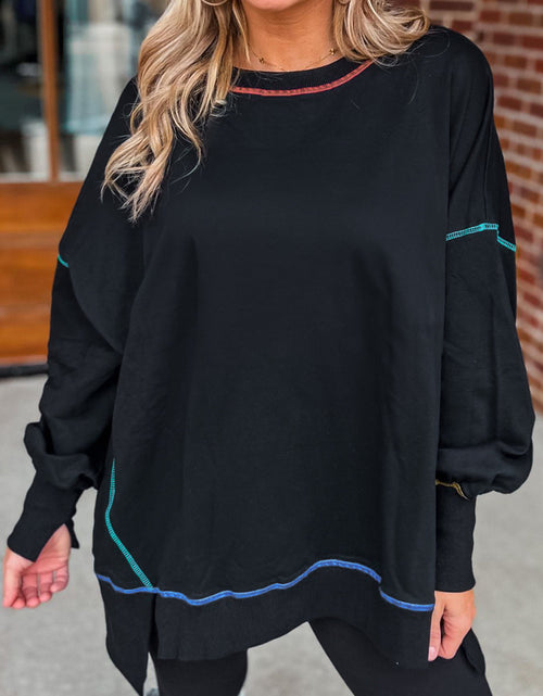 Load image into Gallery viewer, Slit Round Neck Lantern Sleeve Sweatshirt
