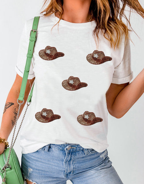 Load image into Gallery viewer, Sequin Hat Round Neck Short Sleeve T-Shirt
