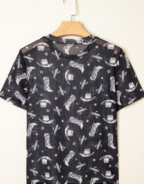 Load image into Gallery viewer, Western Pattern Mesh Sheer Crew Neck Top
