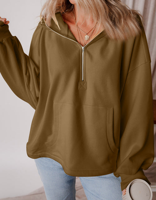 Load image into Gallery viewer, Pocketed Half Zip Dropped Shoulder Hoodie
