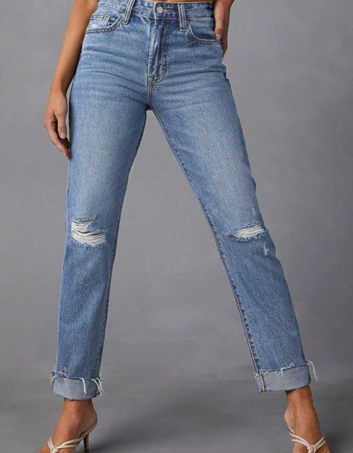 Load image into Gallery viewer, Distressed Raw Hem Straight Jeans with Pockets
