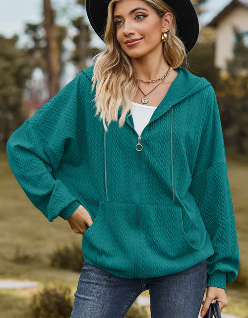 Load image into Gallery viewer, Drawstring Zip Up Dropped Shoulder Hoodie
