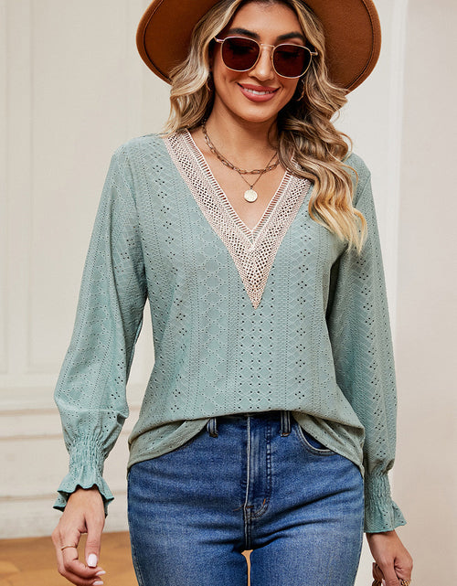 Load image into Gallery viewer, Eyelet V-Neck Flounce Sleeve T-Shirt
