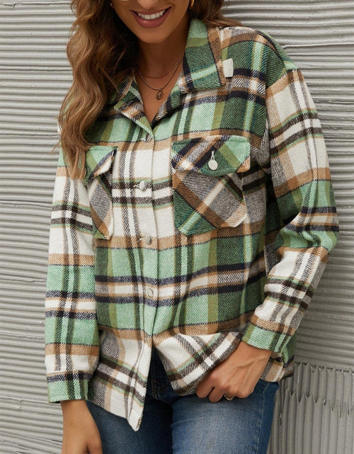 Load image into Gallery viewer, Plaid Collared Neck Long Sleeve Jacket
