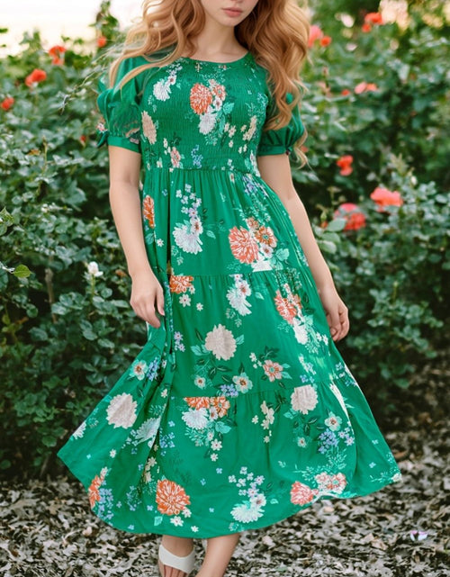 Load image into Gallery viewer, Floral Print Bubble Sleeve Smocked Tiered Midi Dress
