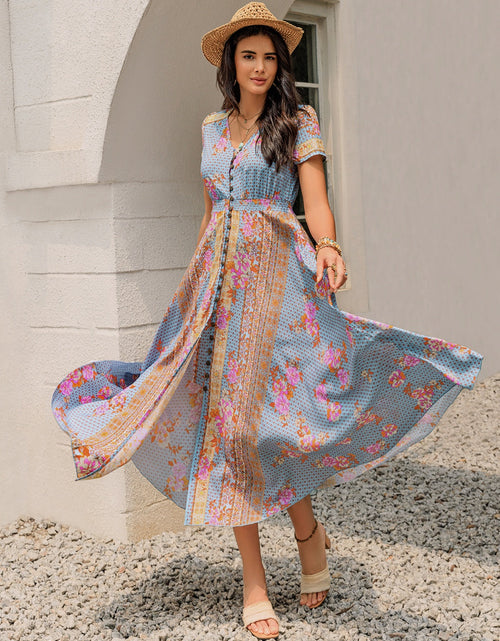 Load image into Gallery viewer, Smocked Floral V-Neck Short Sleeve Midi Dress
