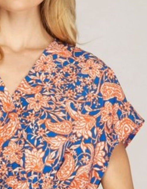 Load image into Gallery viewer, She + Sky Full Size Ruffled Hem Printed Surplice Kimono Sleeve Mini Dress Plus Size
