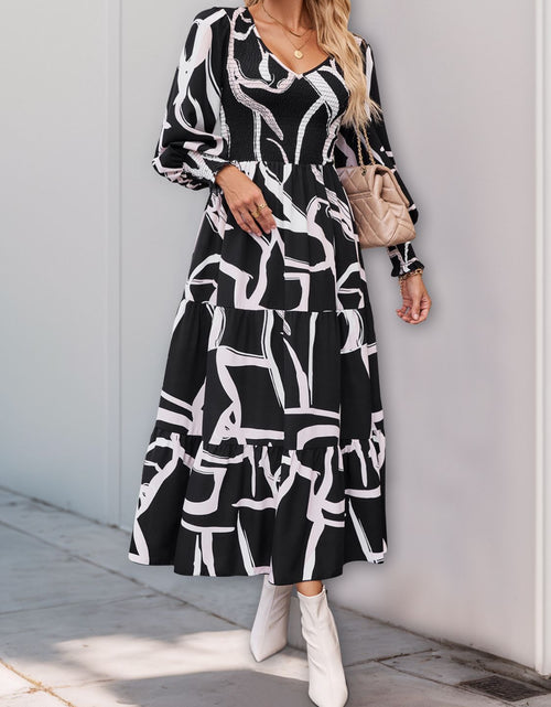 Load image into Gallery viewer, Perfee Smocked Printed Long Sleeve Midi Dress
