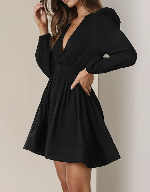 Load image into Gallery viewer, Ruched V-Neck Balloon Sleeve Mini Dress
