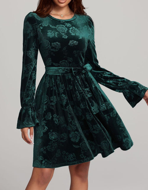 Load image into Gallery viewer, Tied Flower Print Round Neck Flounce Sleeve Dress
