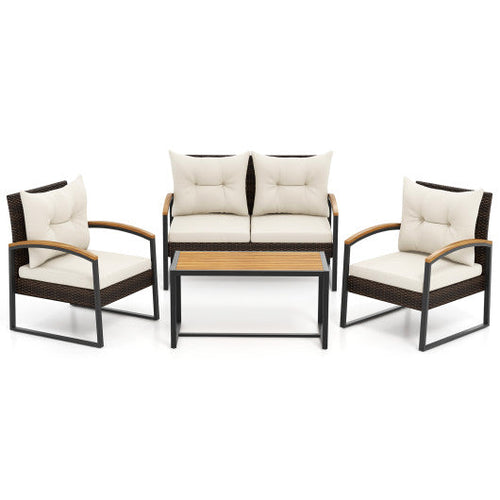 Load image into Gallery viewer, 4 Pieces Patio Conversation Set with Acacia Wood Armrests and Tabletop and Cushions-White
