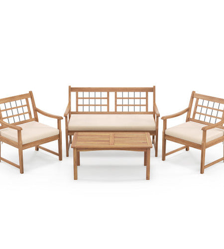4 Piece Wood Patio Furniture with Armchairs Loveseat and Coffee Table-Off White
