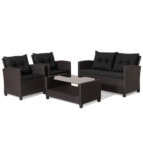 Load image into Gallery viewer, 4 Pieces Patio Rattan Furniture Set with Tempered Glass Coffee Table-Black
