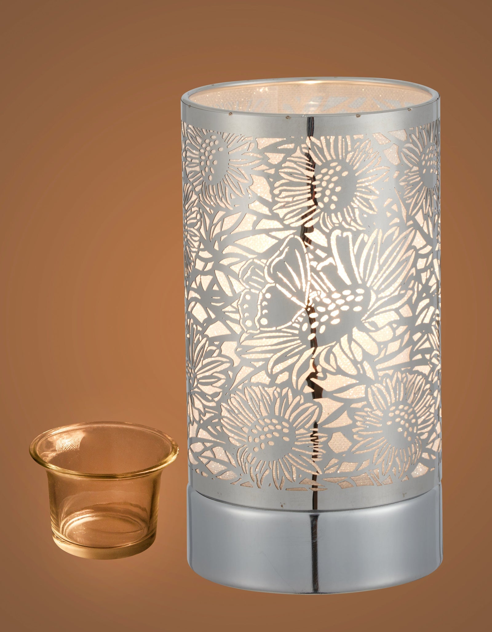 7" touch lamp-Fragrance Wax Melts Warmer -Electric Candle Essential Oil Burner-Metal Silver Sunflower Table Decor by Peterson Housewares & Artwares