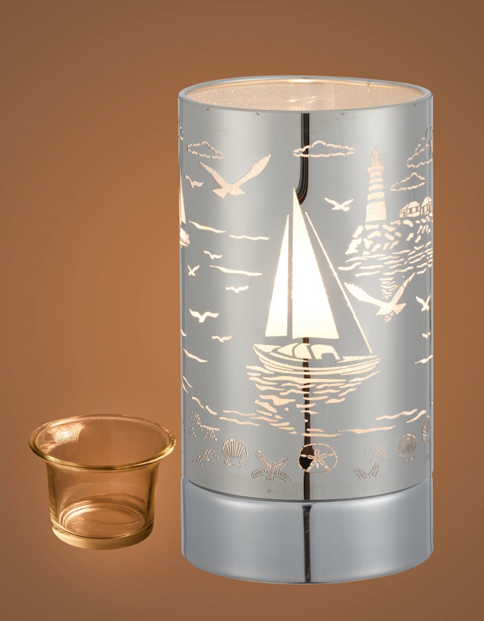 7" touch lamp-Fragrance Wax Melts Warmer -Electric Candle Essential Oil Burner-Metal Silver Sailboat Table Decor by Peterson Housewares & Artwares