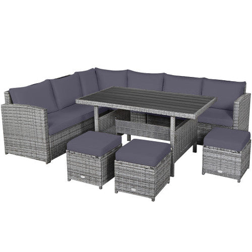 Load image into Gallery viewer, 7 Pieces Patio Rattan Dining Furniture Sectional Sofa Set with Wicker Ottoman-Gray
