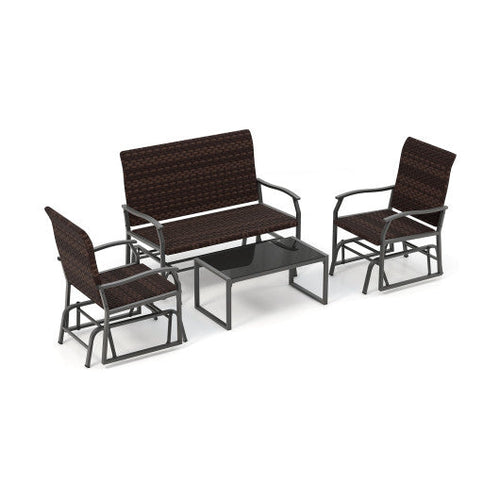 Load image into Gallery viewer, 4 Piece Patio Gliding Set Wicker Swing Glider Furniture Set All Weather witrh Tempered Glass Coffee Table-Brown
