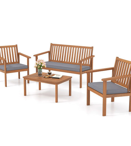 4 Piece Patio Wood Furniture Set Acacia Wood Sofa Set with Loveseat-Gray