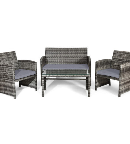 4 Pieces Patio Rattan Furniture Set with Glass Table and Loveseat-Gray