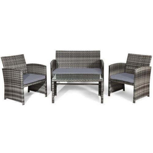 Load image into Gallery viewer, 4 Pieces Patio Rattan Furniture Set with Glass Table and Loveseat-Gray
