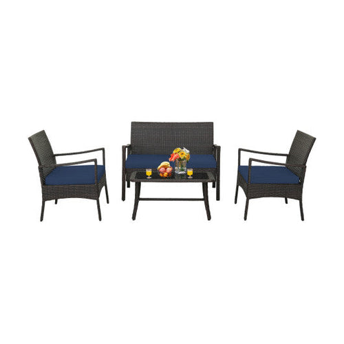 Load image into Gallery viewer, 4 Pieces Outdoor Rattan Conversation Set with Tempered Glass Coffee Table-Navy
