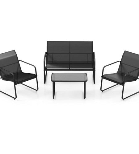 4 Pieces Outdoor Conversation Set with Tempered Glass Coffee Table-Black