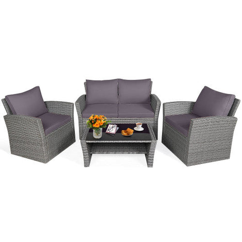 Load image into Gallery viewer, 4 Pieces Patio Rattan Furniture Set Sofa Table with Storage Shelf Cushion-Gray
