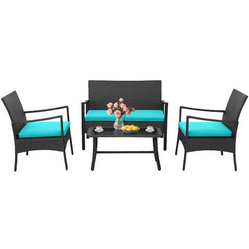 Load image into Gallery viewer, 4 Pieces Rattan Conversation Set with Tempered Glass Coffee Table-Turquoise
