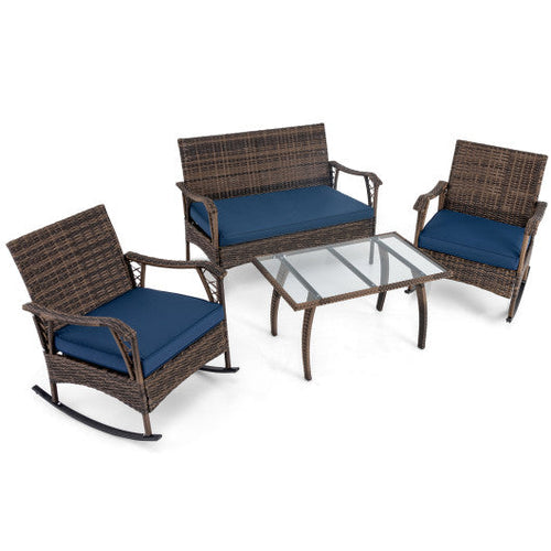 Load image into Gallery viewer, 4 Pieces Wicker Rocking Set with Bungee Rope Seat for Porch Yard-Navy
