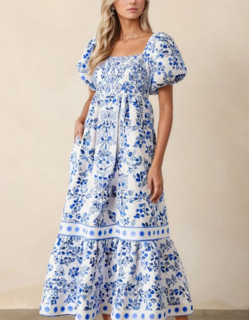 Load image into Gallery viewer, Smocked Printed Square Neck Puff Sleeve Dress
