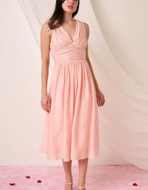 Load image into Gallery viewer, Mittoshop Ruched V-Neck Sleeveless Midi Dress
