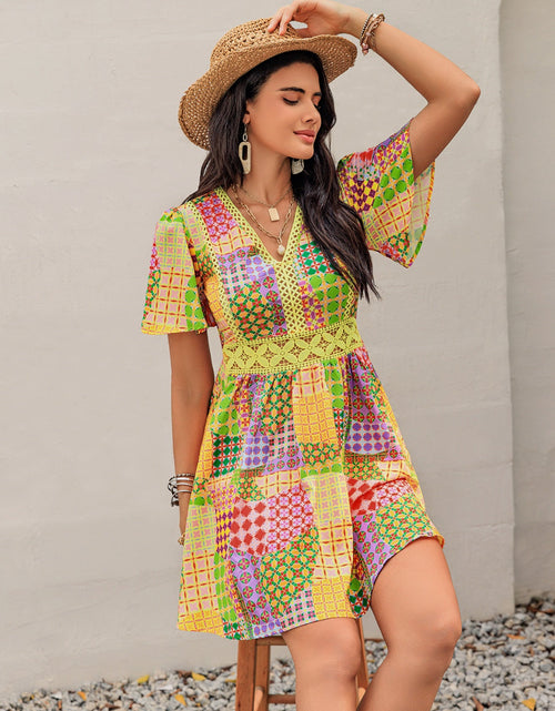 Load image into Gallery viewer, Crochet Trim Printed V-Neck Short Sleeve Mini Dress
