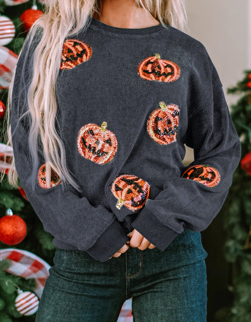 Load image into Gallery viewer, Sequin Patch Pumpkin Round Neck Sweatshirt
