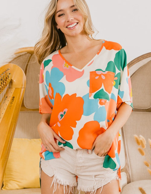 Load image into Gallery viewer, BiBi Floral V Neck Slit Side T-Shirt
