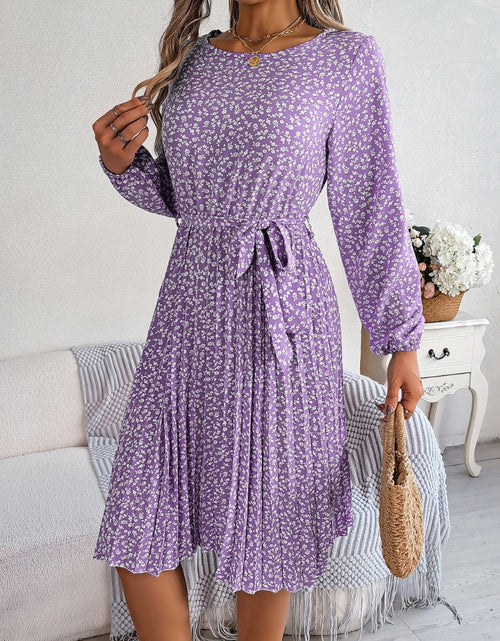 Load image into Gallery viewer, Ditsy Floral Tie Waist Pleated Dress
