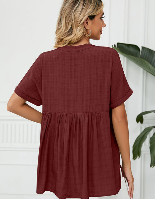 Load image into Gallery viewer, Side Slit Notched Neck Cuffed Short Sleeve Blouse
