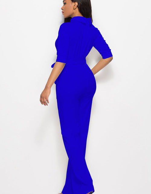 Load image into Gallery viewer, Mock Neck Tie-Waist Half Sleeve Jumpsuit
