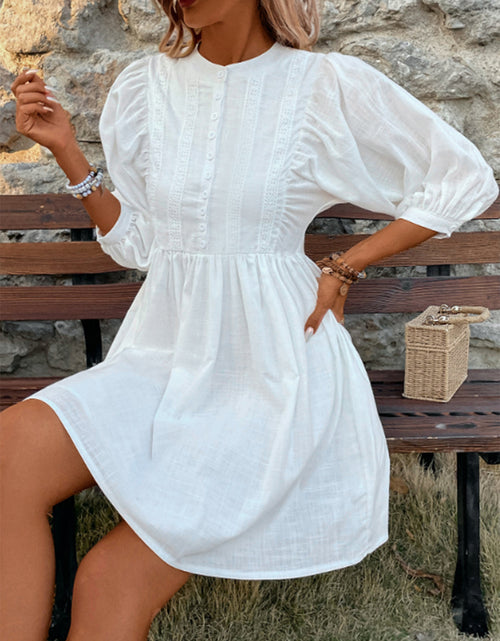 Load image into Gallery viewer, Lace Detail Half Button Three-Quarter Sleeve Dress
