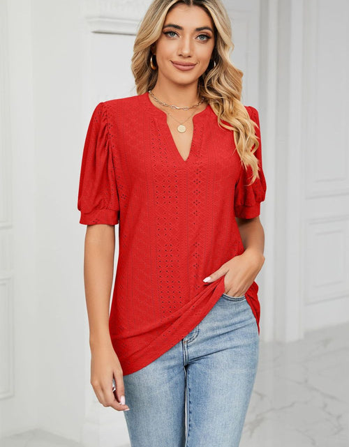 Load image into Gallery viewer, Eyelet Short Puff Sleeve Notched Neck Top
