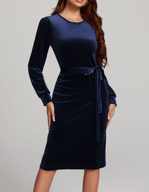 Load image into Gallery viewer, Round Neck Tie Waist Long Sleeve Velvet Dress
