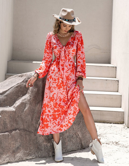 Load image into Gallery viewer, Tied Cutout Printed Long Sleeve Midi Dress
