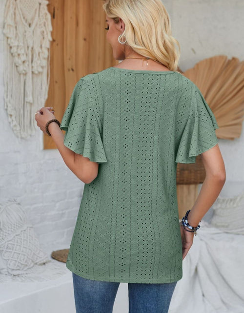 Load image into Gallery viewer, Eyelet Applique V-Neck Cap Sleeve T-Shirt
